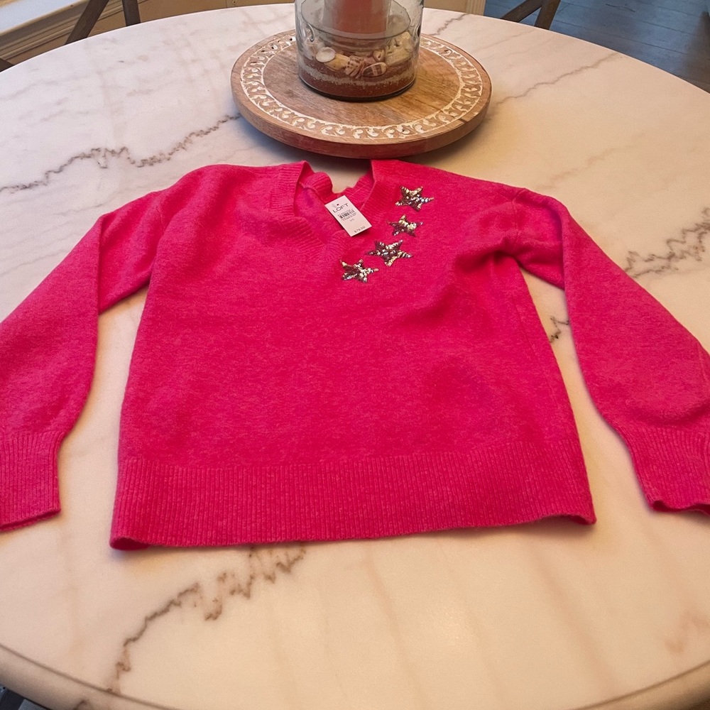 Loft Shimmer Star V-Neck Sweater, hot pink